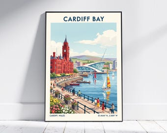 Lámina artística de viaje de la bahía de Cardiff: póster vintage para pared, decoración moderna para el salón o la oficina, un regalo único.