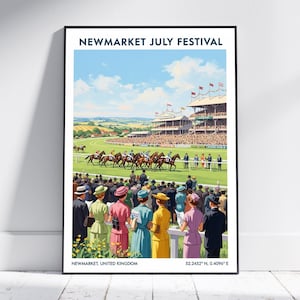 Póster de carreras de caballos del Festival de Julio de Newmarket: lámina de arte de viaje vintage, decoración de pared retro para el hogar o la oficina, ideal para regalar en carreras de caballos.