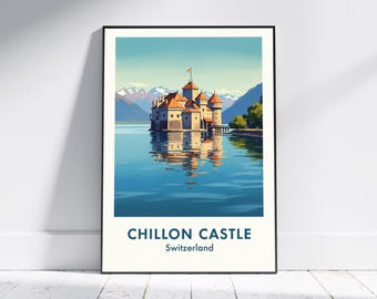 Chillon Castle konsttryck, vintage väggkonst affisch, blå och orange och turkos resekonst, europeisk vintage, perfekt för vardagsrum och kontor