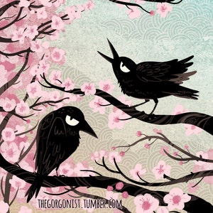 May include: Three black birds with angry expressions perched on branches of a pink cherry blossom tree. The background is a light blue with a pattern of overlapping circles.