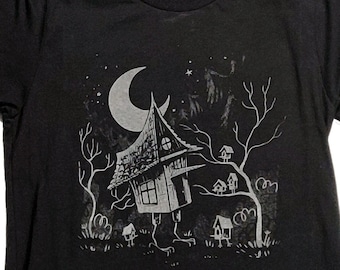 Creepy Cute Baba Yaga's hut with baby huts super soft hand screen printed t-shirt