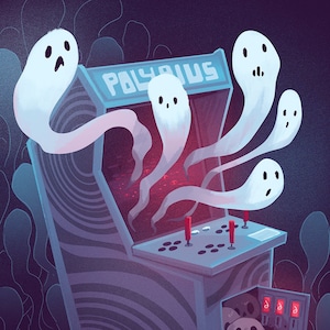 May include: A vintage arcade game cabinet with the word "POLYBIUS" on the front. The cabinet is surrounded by a dark purple background with white ghosts and skulls.