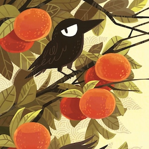 Crows in the Orange Tree SoCal sun 8x12 inch art print