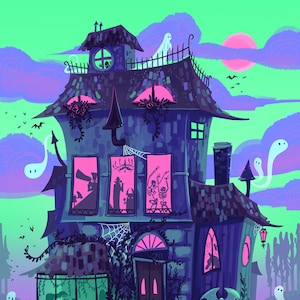 Haunted House Neon Monster Party Nights 8x12 art print