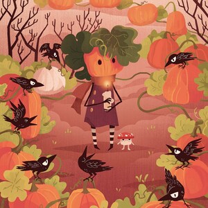 May include: A pumpkin-headed figure with a lit candle stands in a field of pumpkins and crows. The figure is wearing a purple dress with white stripes and a scarf. The pumpkins are various shades of orange and green. The crows are black and have white eyes.