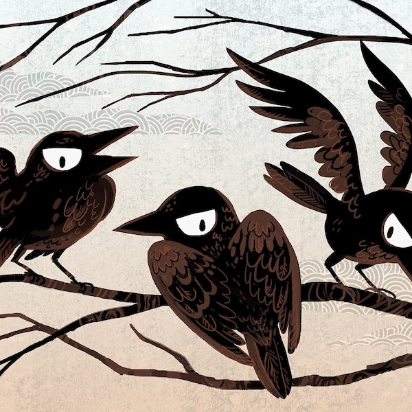 Wintery Landscape Cranky Crows cute corvids 8x12 inch art print on matte photo paper