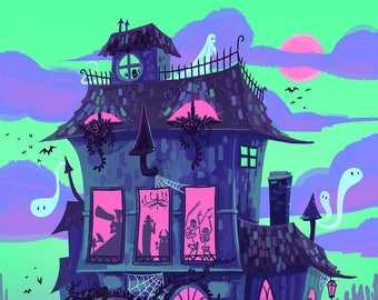 Haunted House Neon Monster Party Nights 8x12 art print