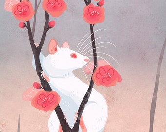 Peach Blossom Rat 12x18 year of the rat art print