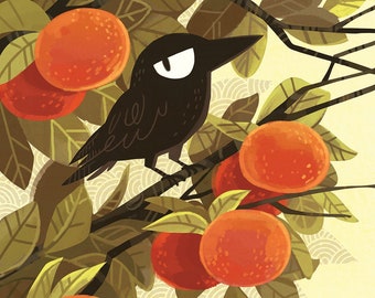 Crows in the Orange Tree SoCal sun 8x12 inch art print