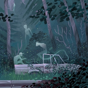 May include: A white pickup truck is partially obscured by overgrown foliage in a dark forest. The truck is parked on a paved road with a gray guardrail. The forest is filled with tall trees and a hazy purple sky.