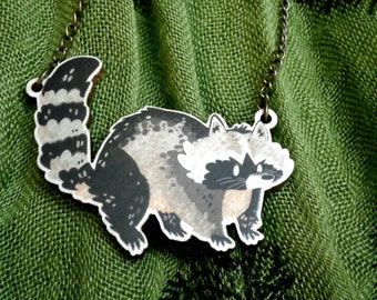 Cute Raccoon urban wildlife wood charm necklace