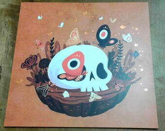 Moth and Skull Square soft coral 8x8 art print with rose gold foil