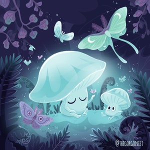 Night Lights moths and toadstools mushroom 8x8 inch square art print