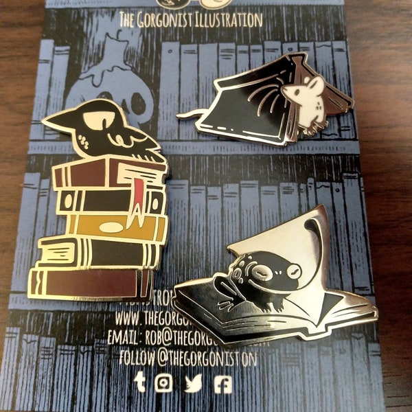 Creatures of a Good Reading Habit Dark Academia Bookish enamel pins with special backing card