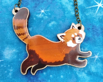 Red Panda printed wood charm necklace