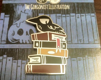 Never To Be Read Crow and Book Stack hard Enamel Pin with special backing card