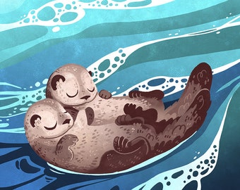 Otterly Love 8x8 inch square sea otters holding hands art print