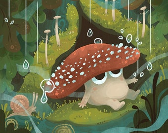 Rainy Day Toadstool mushroom 8x8 inch square art print