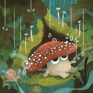 May include: A cartoon mushroom with a red and white spotted cap sits on a mossy green surface. The mushroom has a large, round, brown eye and a small mouth. Rain falls from the sky and there is a snail on the ground.