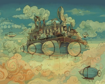 Pontoonia Skybase steampunk airship illustration poster