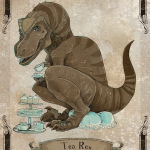 Tea Rex steamPUNk dinosaur print 8x10