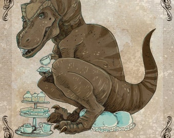 Tea Rex steamPUNk dinosaur print 5x7