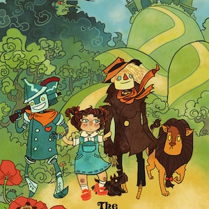 May include: A vintage-style illustration of the characters from the Wizard of Oz. Dorothy, the Scarecrow, the Tin Man, and the Cowardly Lion are walking down a yellow brick road. The illustration is set against a backdrop of green trees and a blue sky with flying bats. The text "The Wizard of Oz" is written in large, bold letters at the bottom of the image.