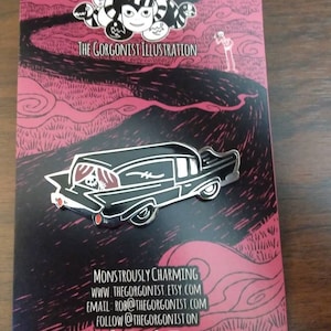 Final Road Trip Gothic Hearse Enamel Pin with special backing card