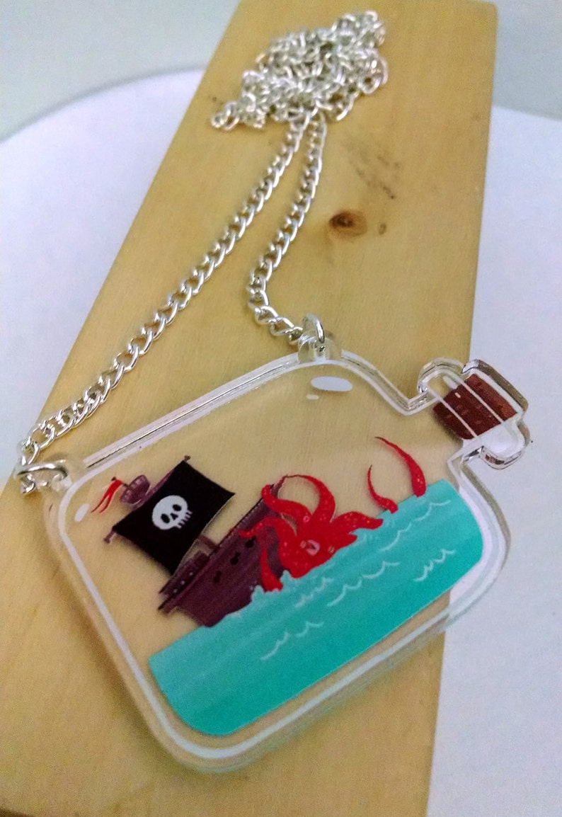 Kracken Attack Ship in a Bottle clear acrylic charm necklace image 2