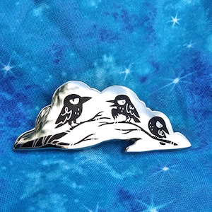 Three Ravens 2 inch black and white bird statement piece enamel pin
