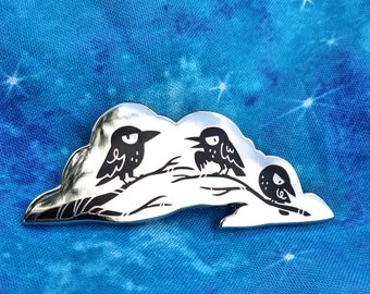 Three Ravens 2 inch black and white bird statement piece enamel pin