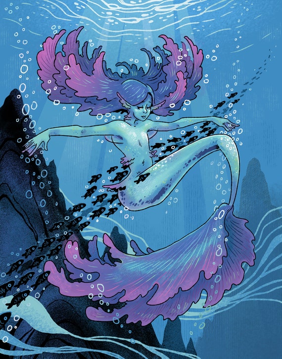 外海に浮かぶ人魚のイラスト 8x10インチ - Etsy 日本