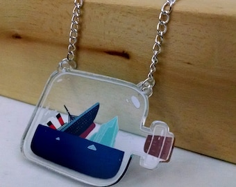 Sinking Titanic Ship in a Bottle clear acrylic charm necklace