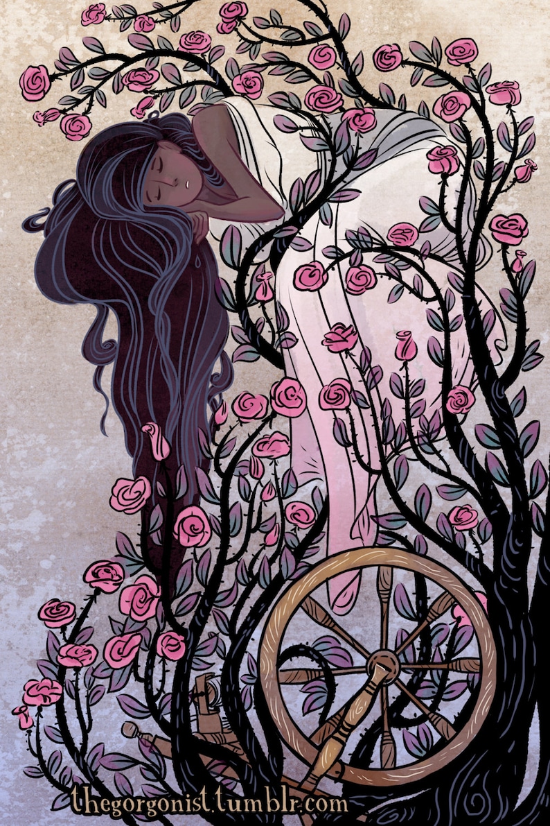 May include: Illustration of a sleeping figure surrounded by rose bushes and a spinning wheel. The figure has long dark hair and is wearing a white gown. The roses are pink, and the bushes are black with thorns. The spinning wheel is made of wood.