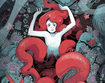 Octopus Emerging from the Cave mermaid illustration 8x10 inches