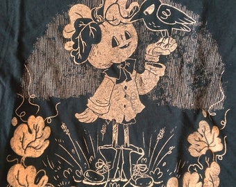 Harvest friendship Pumpkin Head Scarecrow and Crow creepy cute super soft hand screen printed black t-shirt