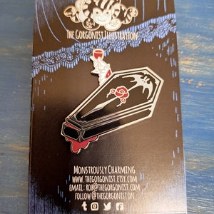 Last Call Vampire Coffin Enamel Pin with special backing card image 1