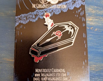 Last Call Vampire Coffin Enamel Pin with special backing card