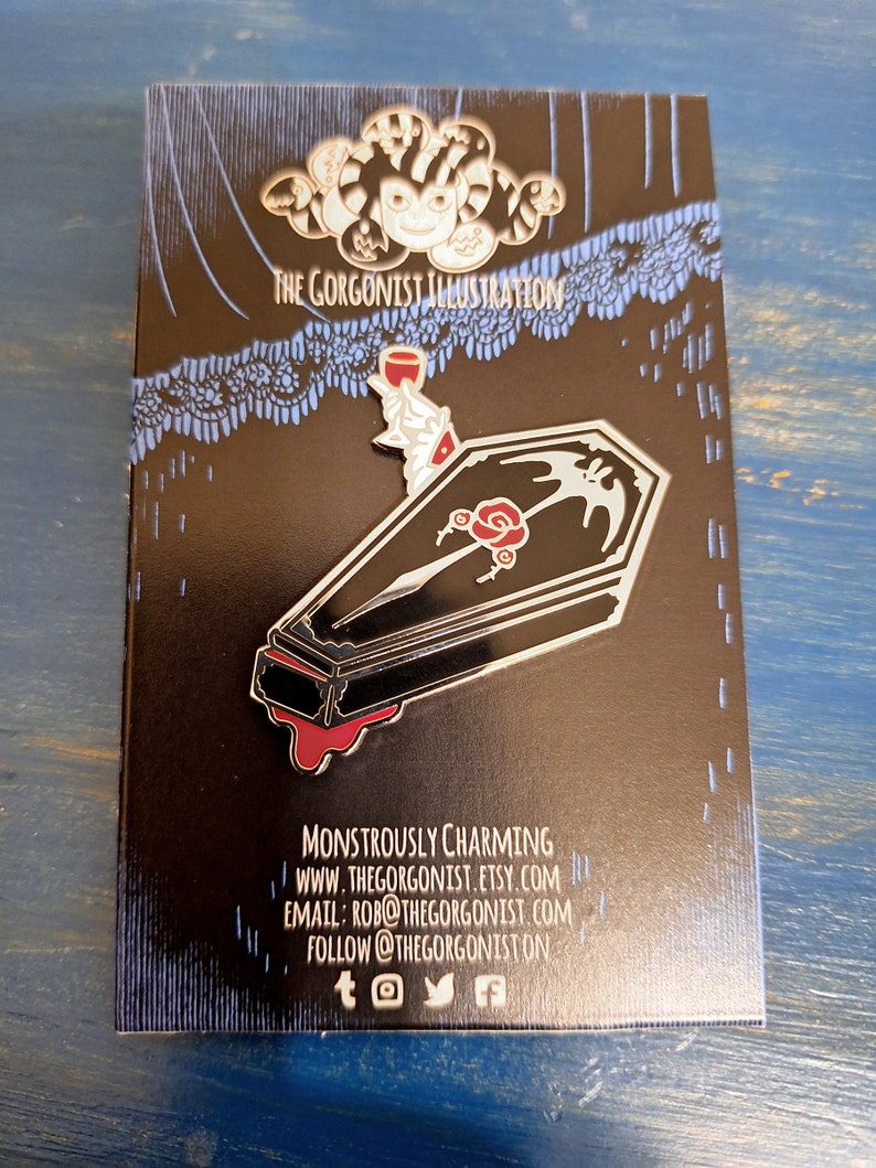 Last Call Vampire Coffin Enamel Pin with special backing card image 1