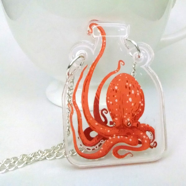 Curioso pulpo Kracken en una botella claro collar de acrílico encanto