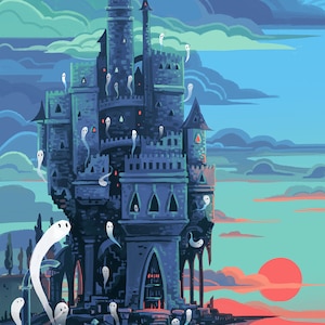 Haunted Castle Moody Neon Sunset 8x12 art print