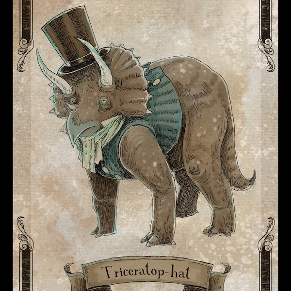 Triceratop-hat 8x10 steampunk dinosaur art print