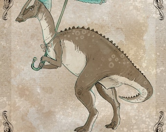 Parasololophous steamPUNk dinosaur art print 5x7