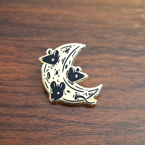 Mice in the Moon storybook gold-colored metal enamel pin