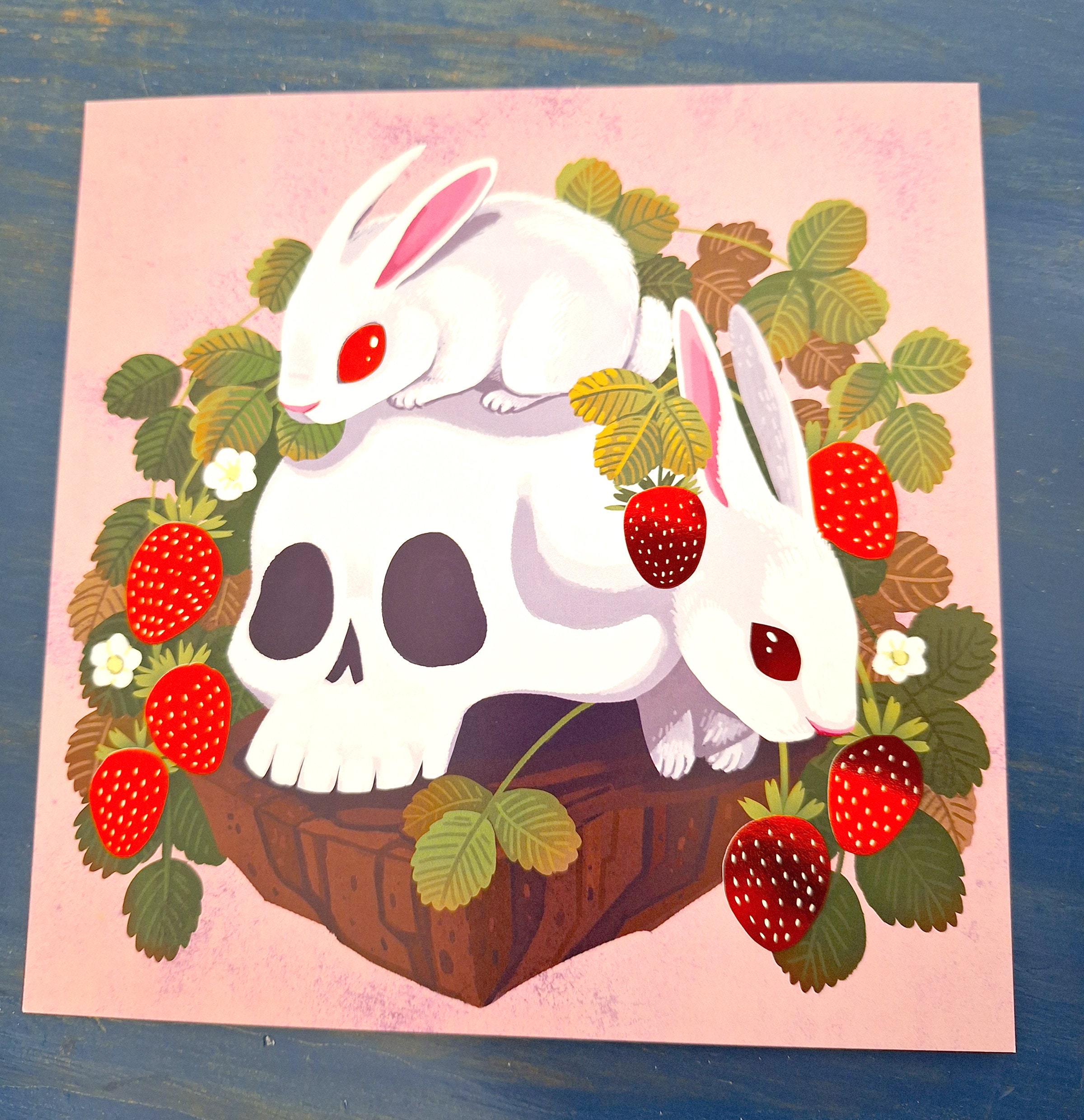 Strawberry Bunny Creepy Cute Skull Square 8x8 Art Print With Red