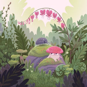 May include: A whimsical illustration of a pink mushroom with a face, a gray pill bug, and a variety of green plants with pink flowers. The scene is set in a lush forest with a soft, pastel color palette.
