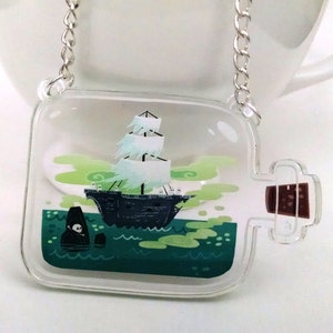 Ghost Ship in a Bottle clear acrylic charm necklace