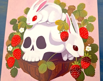 Strawberry Bunny creepy cute skull square 8x8 art print with red foil