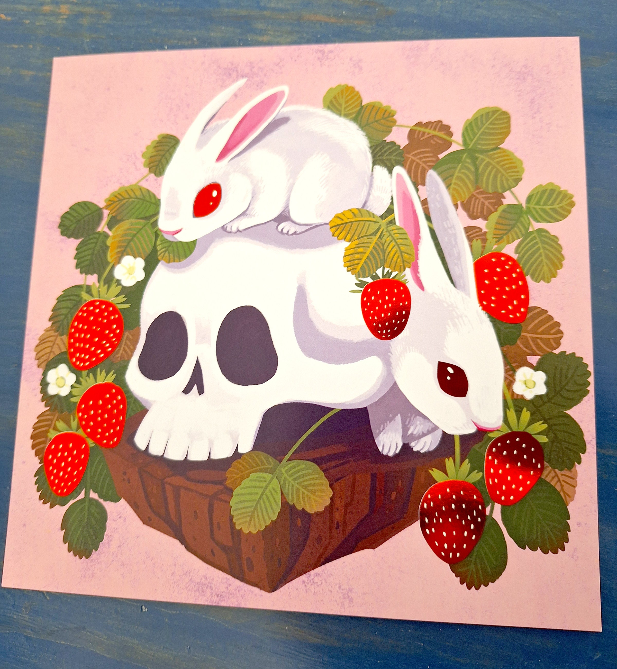 Strawberry Bunny Creepy Cute Skull Square 8x8 Art Print With Red