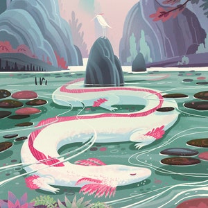 Serene Axolotl Dragon Lake 8x12 fantasy art print